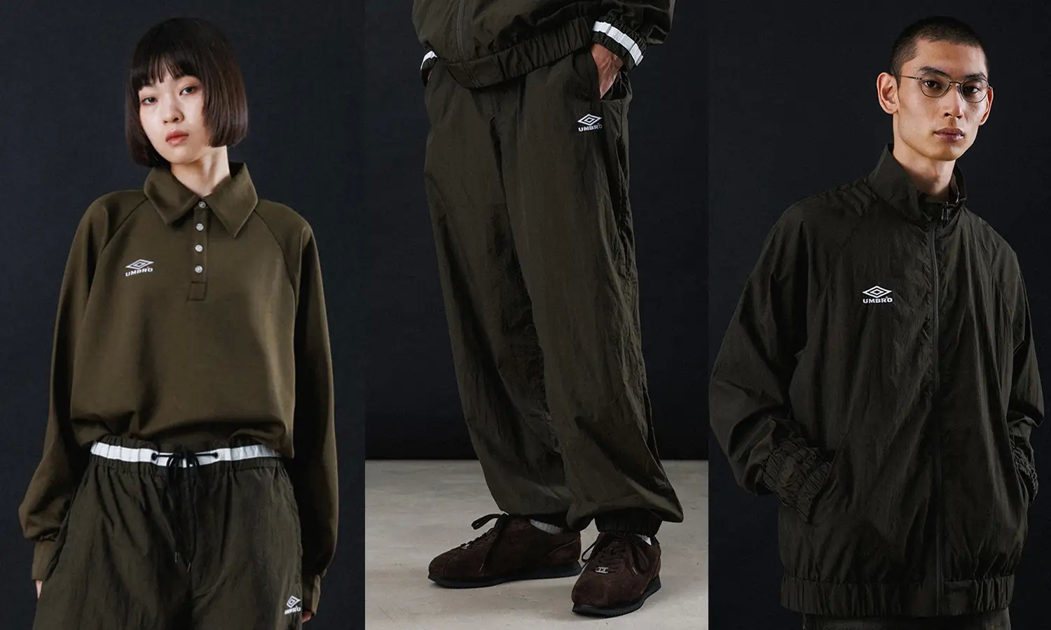 アンブロ×belper ナイロントラックジャケット　トラックパンツ　セットカーキ UMBRO×BELPER×M TO R」のトリプルコラボウェアは渋めのカーキカラー